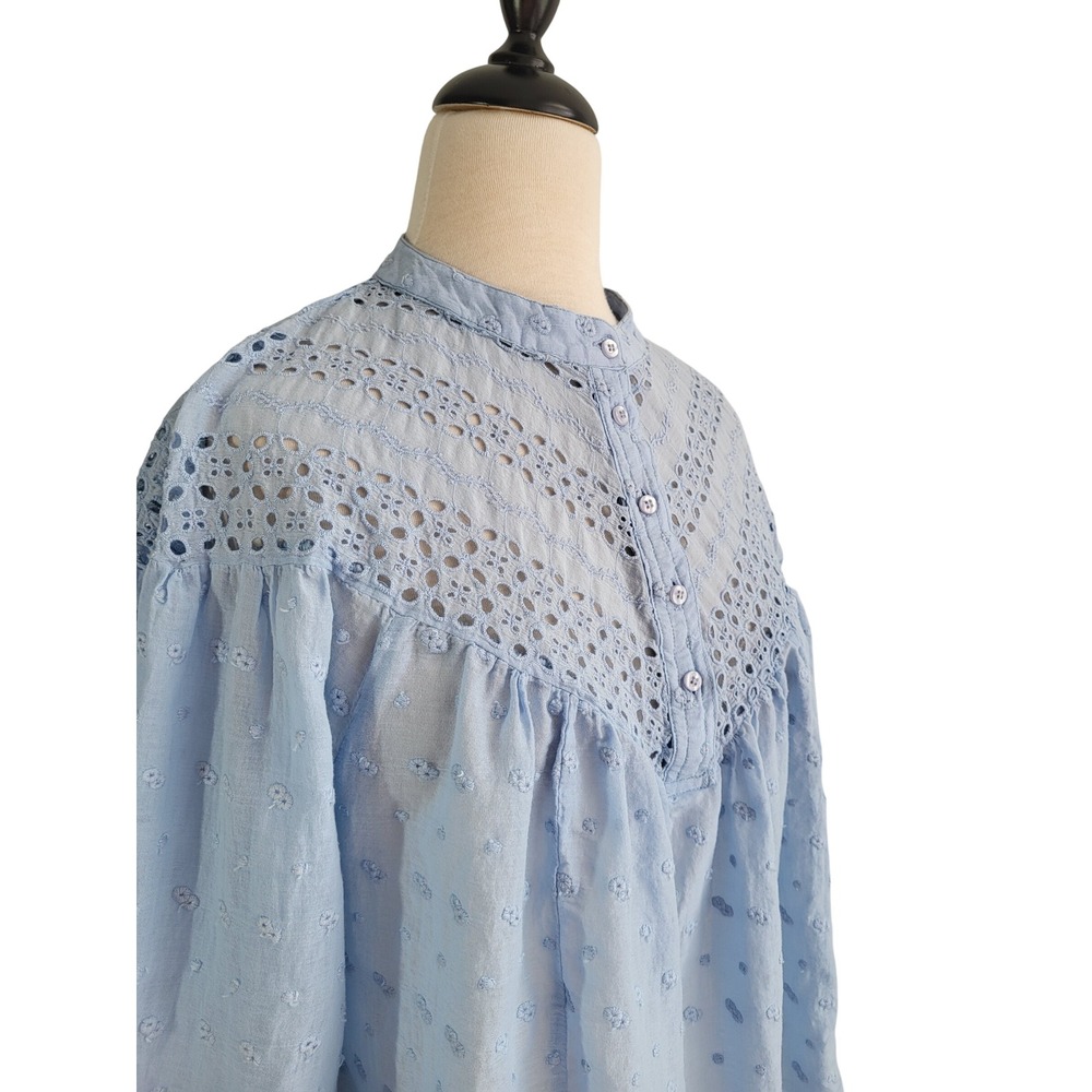 Calypso St Barth Swiss Dot Embroidered Blue Eyelet Lace Cotton Blouse Large Boho - Picture 13 of 13